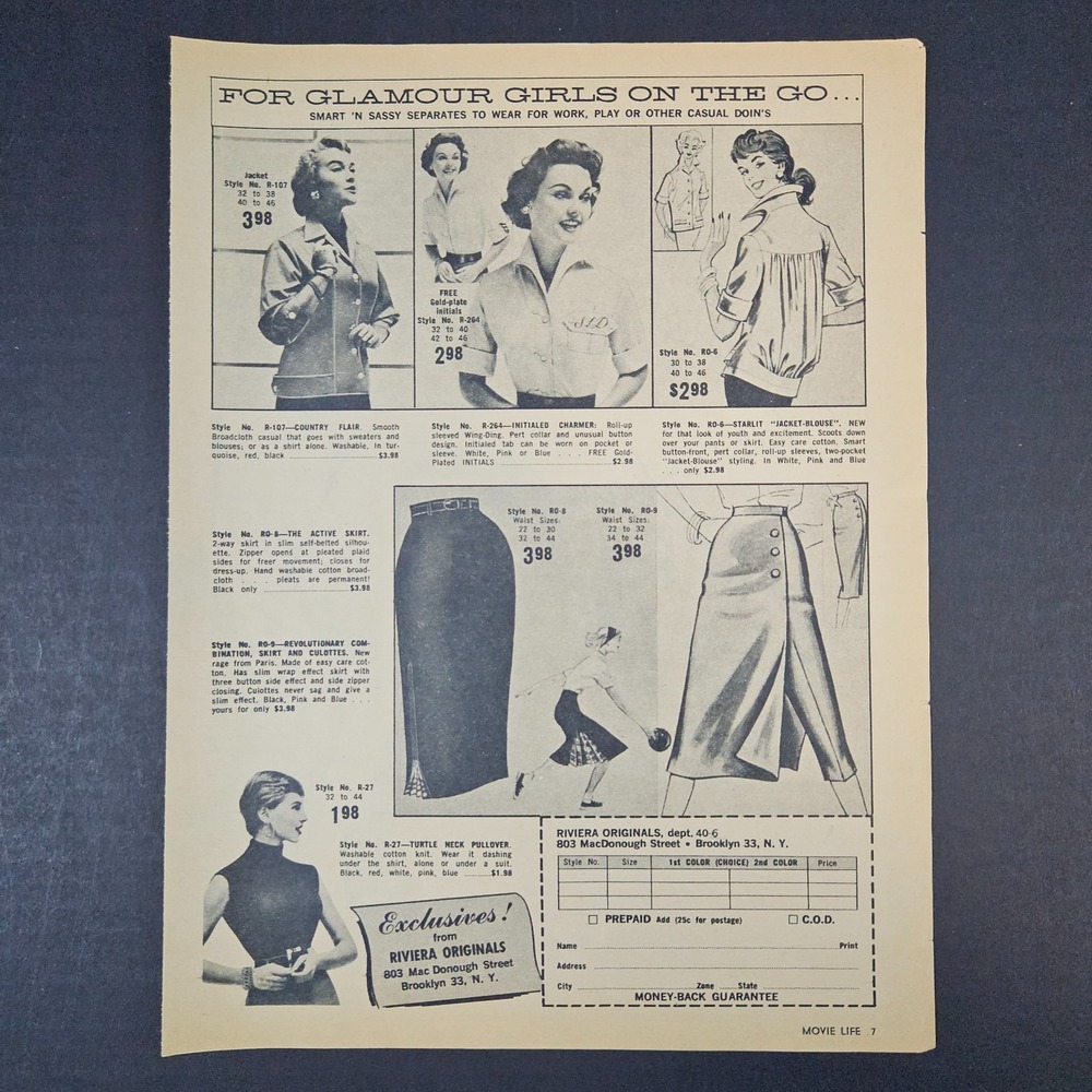 1960 Riviera Originals Clothing Styles Vintage‎ Print Ad Glamour Girls Brooklyn